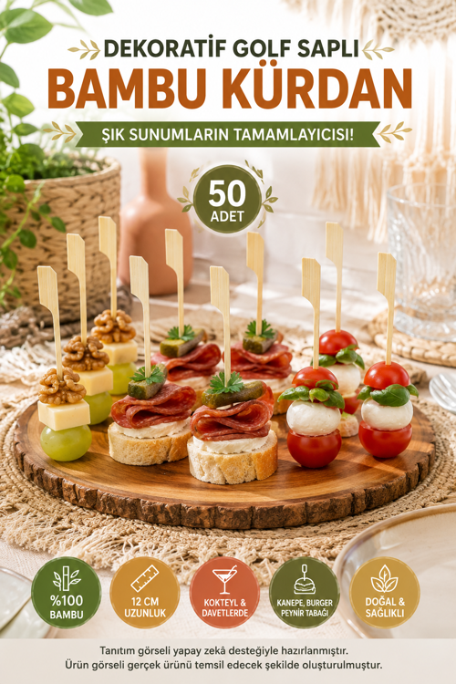 50’li Dekoratif Golf Saplı Bambu Kürdan 12cm Kanepe Parti Davet Sunum Kokteyl Aperatif Kürdan Seti