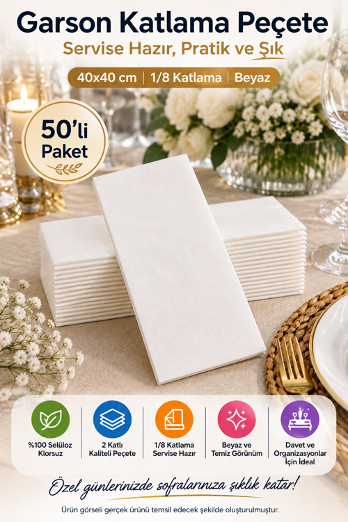 40x40 cm Beyaz Garson Katlama Peçete 2 Katlı 1/8 Katlı 50 Adet Düğün Davet Catering Servis Peçetesi