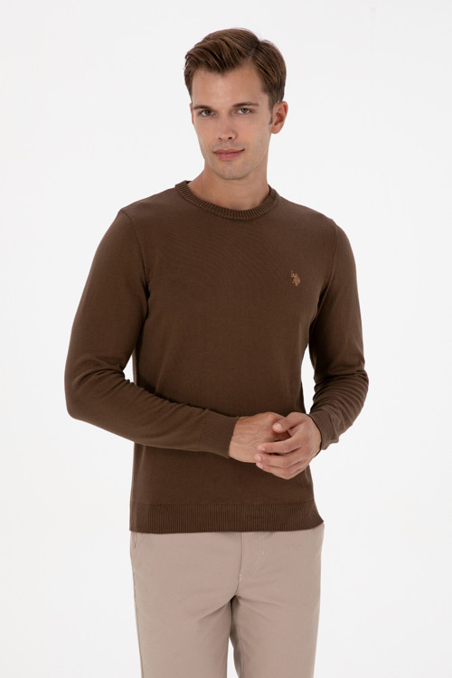 Erkek Slim Fit Bisiklet Yaka Kahverengi Basic Kazak 50313713-VR029