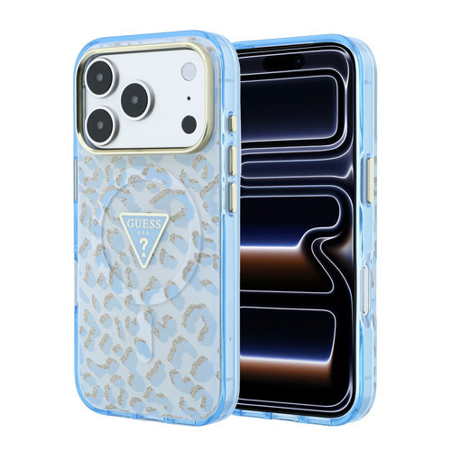 İphone 18 Pro Kılıf Lisanslı M-Safe Özellikli Üçgen Logolu Simli Leopar Desenli Kapak Mavi