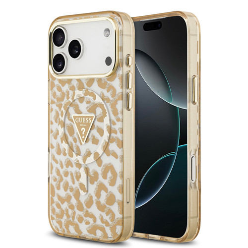 İphone 18 Pro Kılıf Lisanslı M-Safeli Üçgen Logolu Simli Leopar Desenli Kapak Kahverengi