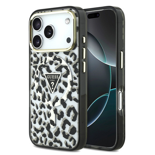 iphone 18 Pro Kılıf Lisanslı M-Safeli Üçgen Logolu Simli Leopar Desenli Kapak Siyah