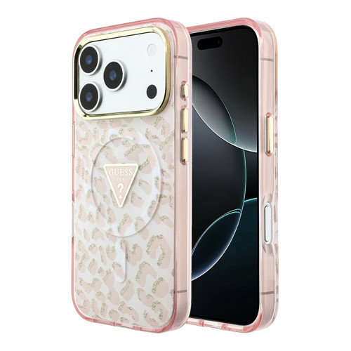 iphone 18 Pro Kılıf Lisanslı M-Safeli Üçgen Logolu Simli Leopar Desenli Kapak Pembe