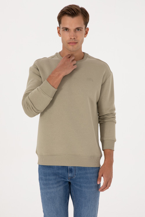 Erkek Comfort Fit Bisiklet Yaka Şardonlu Açık Haki Basic Sweatshirt 50313757-VR183