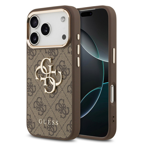 İphone 18 Pro Max Kılıf Lisanslı Gold Çerçeveli Metal Büyük 4G Ve Yazı Logolu Kapak Kahverengi
