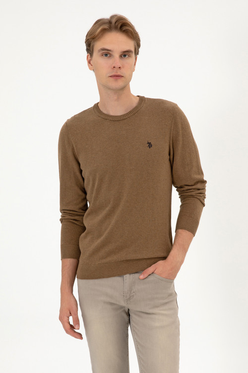 Erkek Slim Fit Bisiklet Yaka Haki Melanj Basic Kazak 50313713-VR125