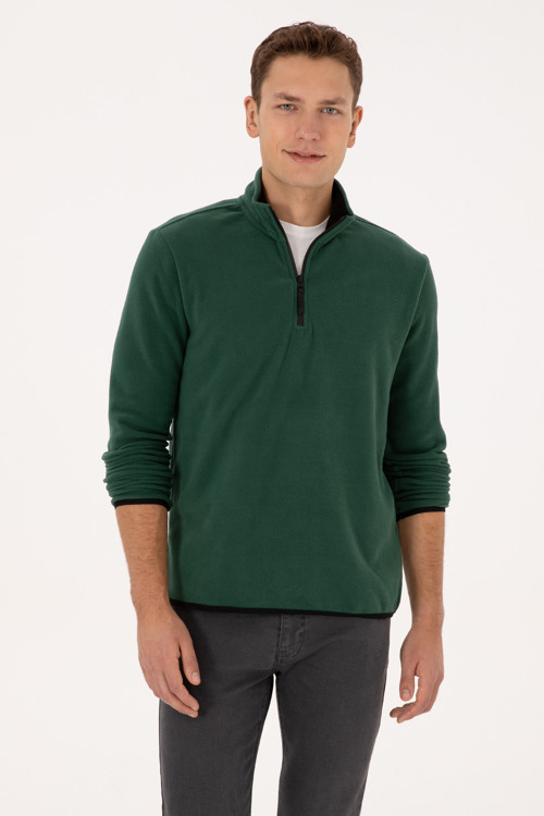 Erkek Regular Fit Koyu Yeşil Polar Yarım Fermuarlı Basic Sweatshirt 50313777-VR079