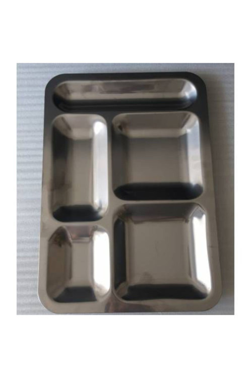 – 5 Adet Yemek Tabldot Paslanmaz Krom - Tabildot Yemekhane Tepsisi - Metal Servis Tabağı