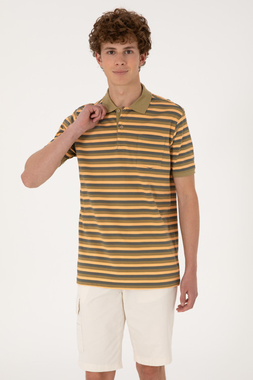 Erkek Regular Fit Haki Polo Yaka Çizgili Tişört 50306794-VR027