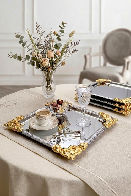 4'Lü Kare Gold Vintage İşlemeli Kahve Sunum Tepsisi-Lüx Servis Tepsisi