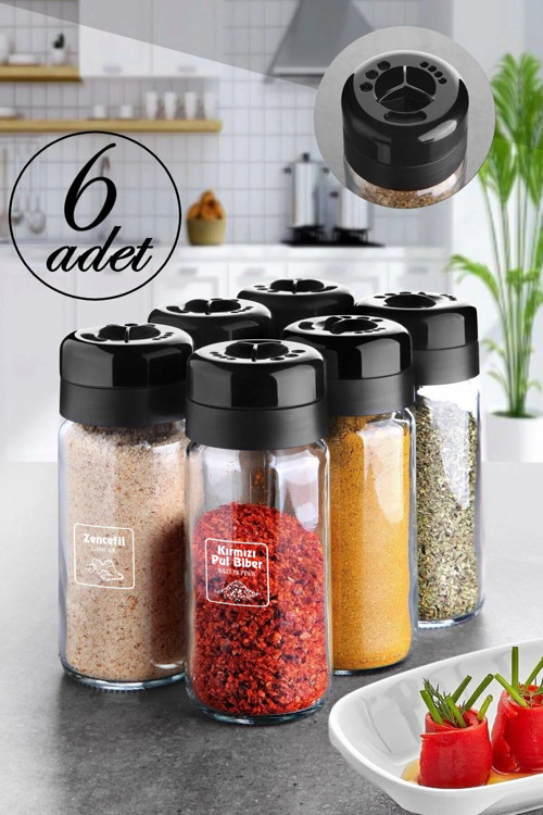 6 Adet Cam Baharatlık Seti - 245 Ml (Döner Kapaklı) Tuzluk Biberlik
