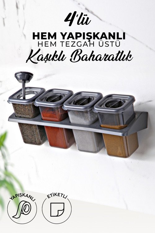 4'Lü Etiketli Standlı Kilitli Kaşıklı Kendinden Yapışkanlı Kare Baharatlık Takımı - Erzak Kabı Seti