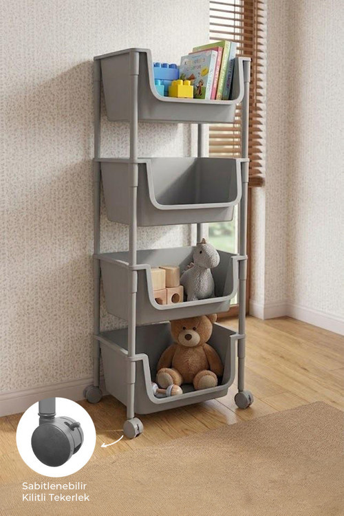 4 Katlı Tekerlekli Organizer Raf Oyuncak Dolabı Mutfak Rafı Banyo Rafı Sepet