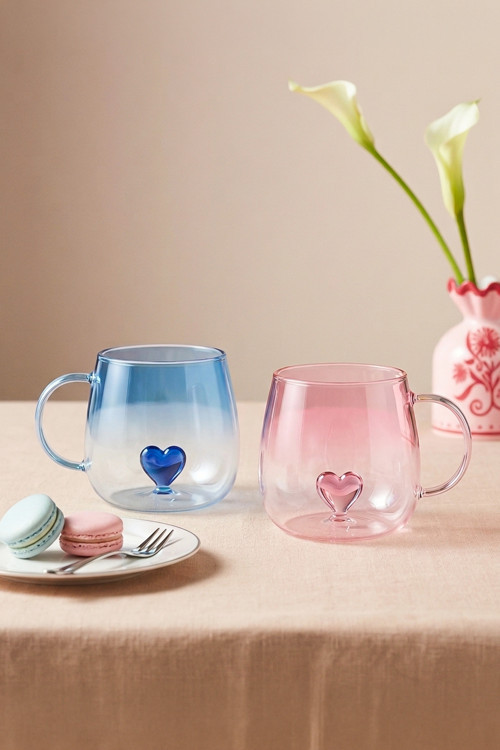 2'Li Borosilikat Cam Hearts Kupa Bardak Seti 400Ml Kulplu Kalpli Bardak Seti