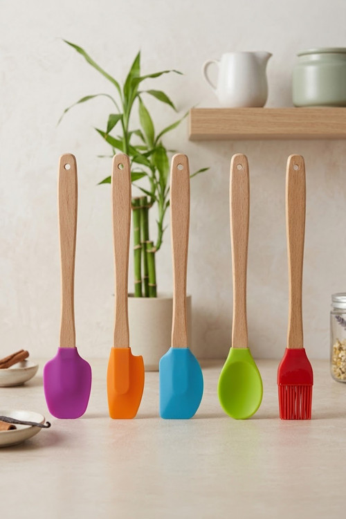 5'Li Silikon Ve Bambu Saplı Mutfak Gereçleri Seti-Spatula,Fırça Servis Maşa Seti