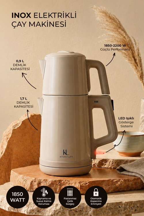 Demzade Paslanmaz Çelik Inox Elektrikli Çay Makinesi Alt 1,7 Lt Üst 0,9 Lt 1850-2200 W Kettle Çaycı Çay Seti