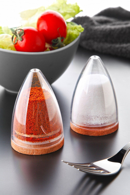 2 Li Lux Ahşap Altlıklı Piramit Modelli Tuzluk Biberlik Seti-Silikon Kapaklı Damla Baharatlık 80 Ml