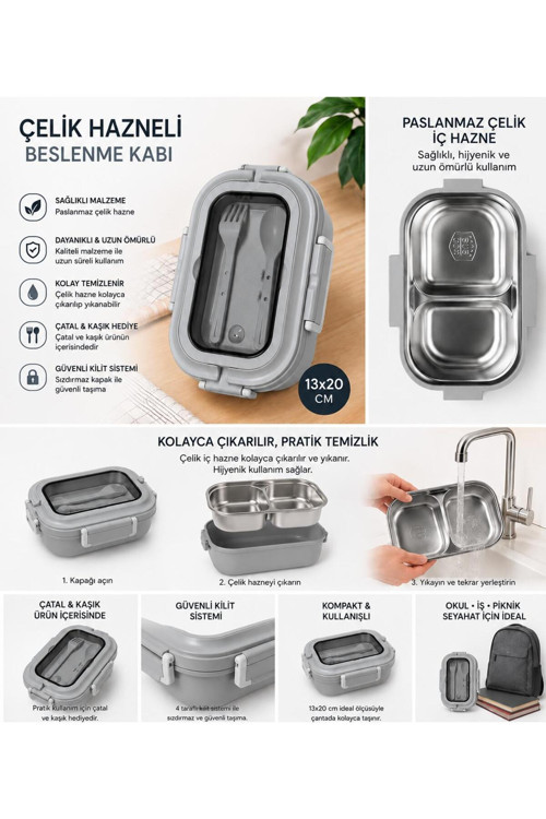 Paslanmaz 304 Çelik Hazneli Bölmeli Yemek Kabı (Karışık Renk 1 Adet)