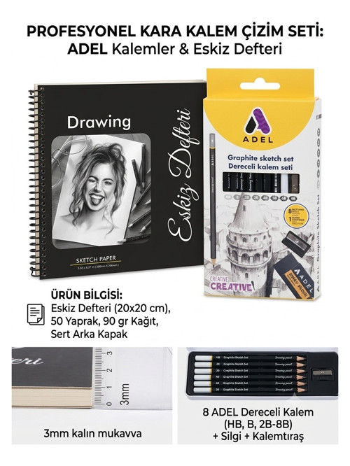 Profesyonel Karakalem Çizim Seti | 20X20 cm 50 Yaprak Eskiz Defteri + 8'li Dereceli Çizim Kalemi (Hb-8b) + Silgi