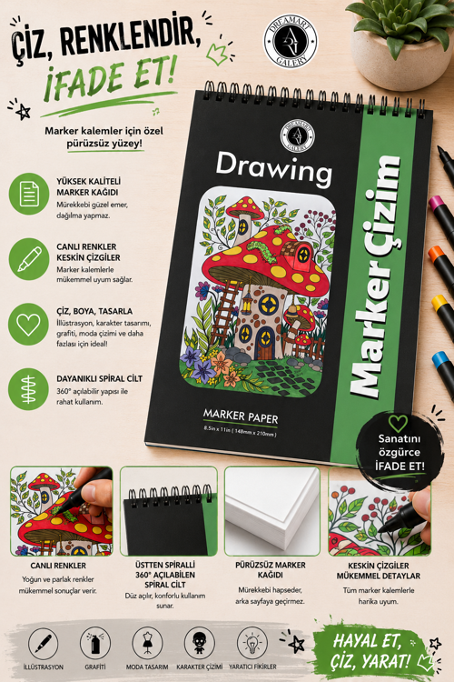 A5 Marker Çizim Defteri | 48 Yaprak | Spiralli | Çizgisiz Eskiz Defteri