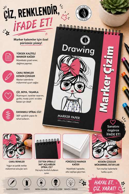 DreamArt Galery A5 Marker Çizim Defteri | 48 Yaprak | Spiralli | Çizgisiz Eskiz Defteri