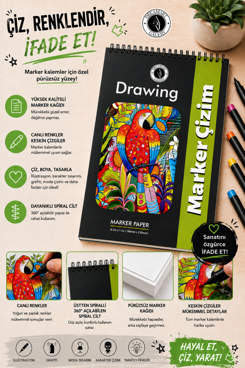 A5 Marker Çizim Defteri | 48 Yaprak | Spiralli | Çizgisiz Eskiz Defteri