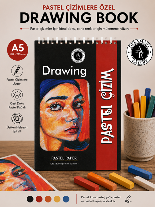A5 Pastel Çizim Defteri | 230 gr Velur (Velour) Ivory Kağıt | 24 Yaprak | Üstten Spiralli