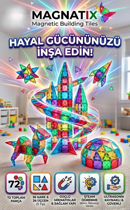 72 Parça Manyetik Yapı Blokları Seti–Mıknatıslı STEM Eğitici 3D Oyuncak- Mobil & Kitapçık Destekli