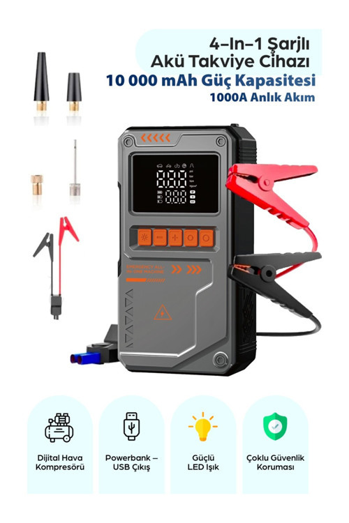 4’ü 1 Arada 10000 Mah Şarjlı Araç Akü Takviye Cihazı – Dijital Hava Kompresörü, Powerbank LED Fener