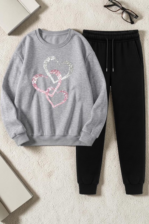 Unisex Halka Kalp Tasarım Basklı Bisiklet Yaka Sweatshirt - 2'li Eşofman Takımı