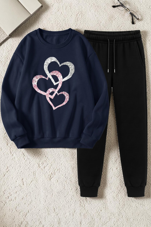 Unisex Halka Kalp Tasarım Basklı Bisiklet Yaka Sweatshirt - 2'li Eşofman Takımı