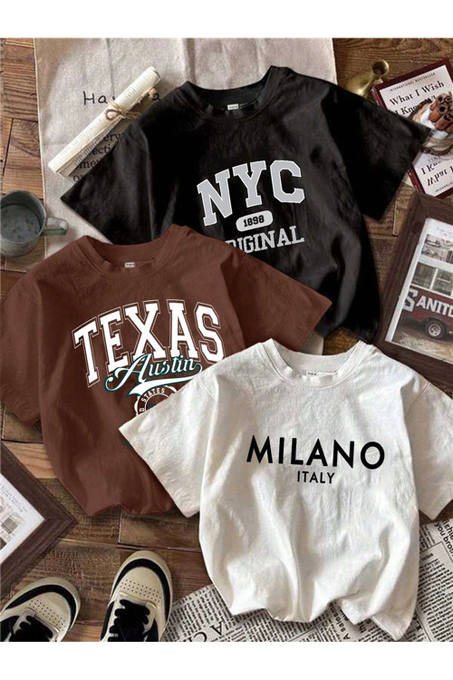 Milano-Texas-Orjınal Baskılı Unisex Oversize 3'lü T-shirt Paketi
