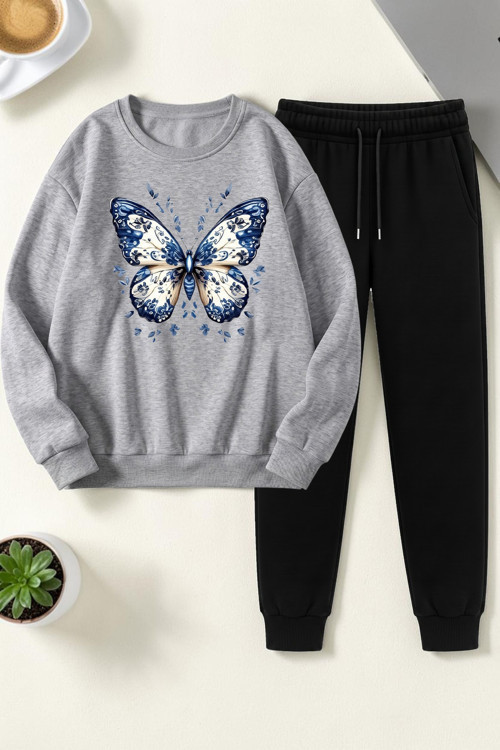 Unisex Desenli Kelebek Tasarım Basklı Bisiklet Yaka Sweatshirt - 2'li Eşofman Takımı