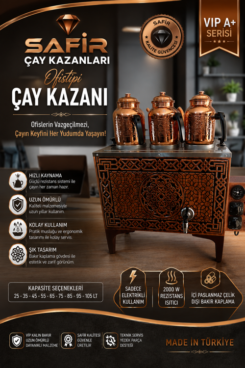 3 GÖZLÜ OFİSTİPİ BAKIR ÇAY KAZANI SADECE ELEKTRİKLİ BAKIR ÇAY SEMAVERİ GÜNEŞ MODEL OFİSTİPİ BAKIR ÇAY OCAĞI KAZANI VİP PLUS