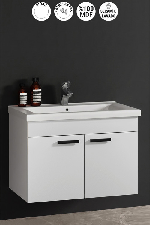 Çiğdem Kulplu 80 cm Beyaz MDF Seramik Lavabolu Asma Banyo Alt Dolabı