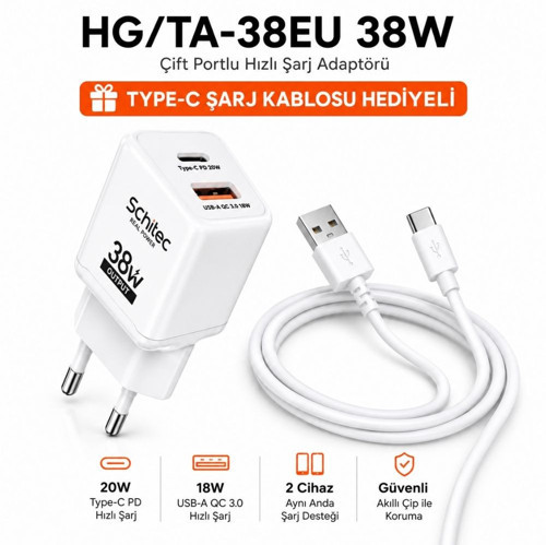 38W 2 Çıkışlu Hızlı Şarj Başlığı ve 67W UsbA to Type-C ve Hızlı Şarj Kablosu 1M HEDİYE