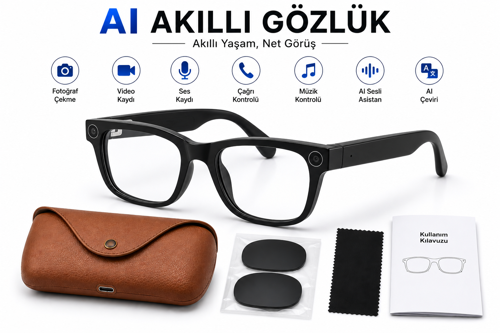 AI Akıllı Gözlük Kameralı Bluetooth Gözlük – Fotoğraf Video Çekimi, Sesli Asistan, Çeviri, Arama ve Müzik Kontrollü