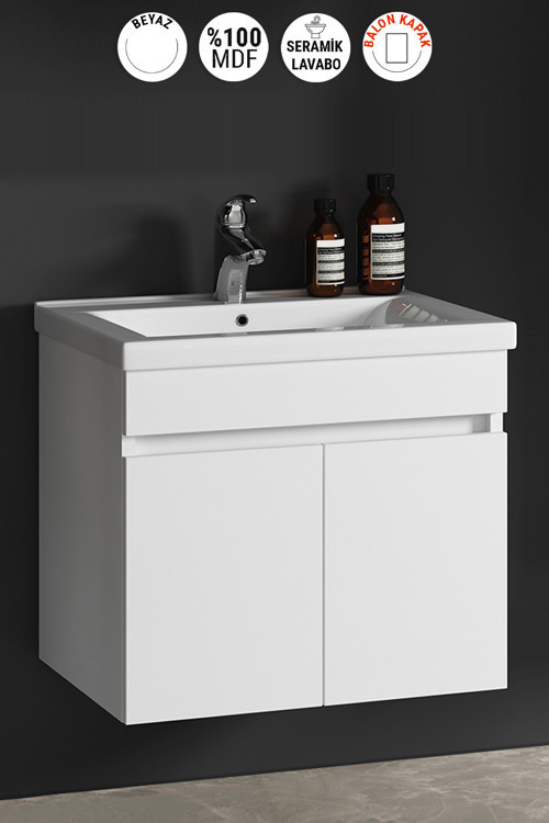 Çiğdem 65 cm Beyaz Balon MDF Seramik Lavabolu Asma Banyo Alt Dolabı