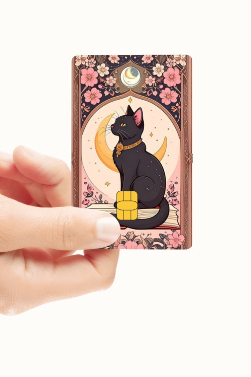 Siyah Kedi Ve Ay Temalı Mistik Dekoratif Kredi Ve Banka Kartı Kaplama Sticker