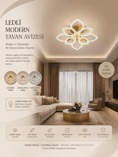 ÇİÇEK 4+4'LÜ LEDLİ GOLD avize