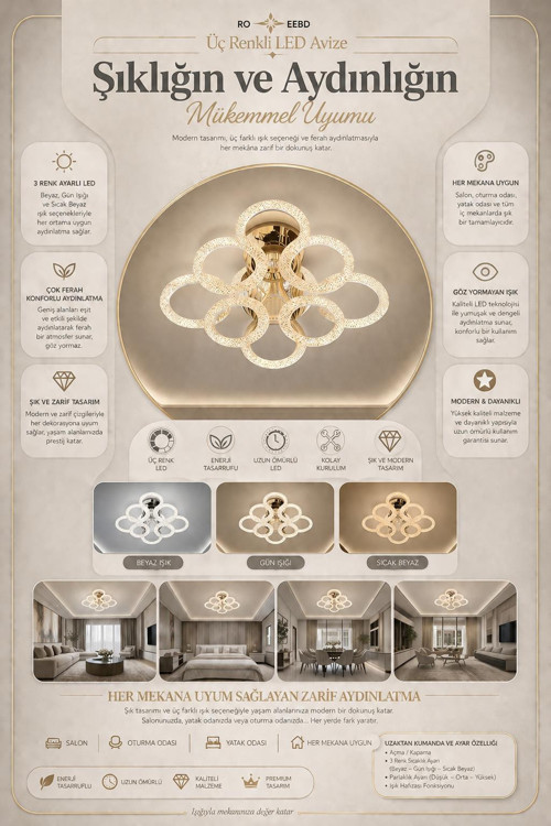 DAİRE 4+4'LÜ LEDLİ GOLD avize