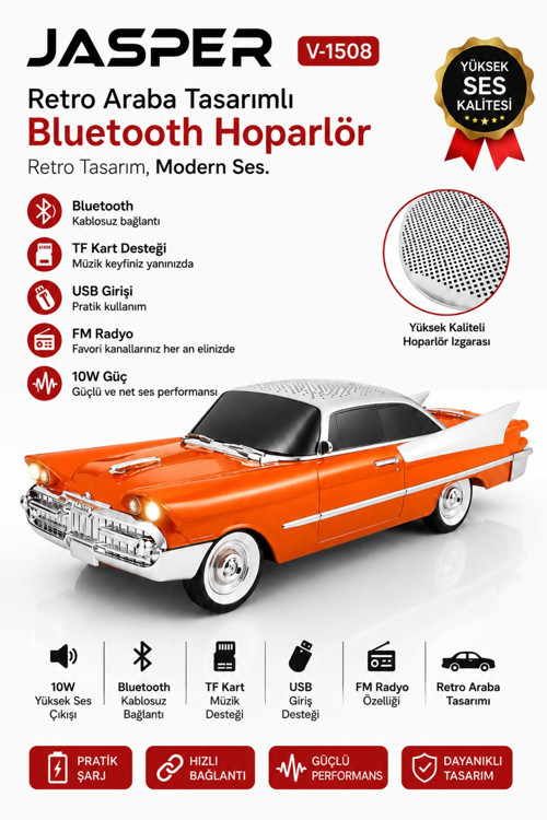 Jpr-1508 Nostaljik Araba Tasarımlı Bluetooth Hoparlör 10w Güçlü Ses Fm Radyo Usb Tf Kart Dest