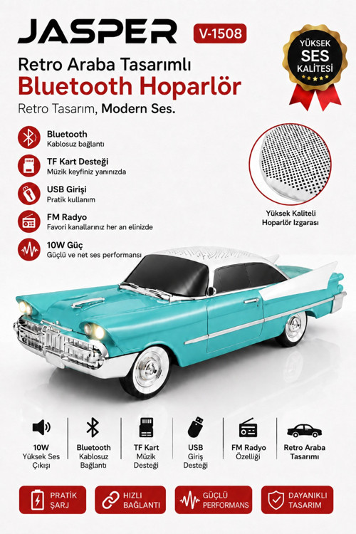 Jpr-1508 Nostaljik Araba Tasarımlı Bluetooth Hoparlör 10w Güçlü Ses Fm Radyo Usb Tf Kart Dest