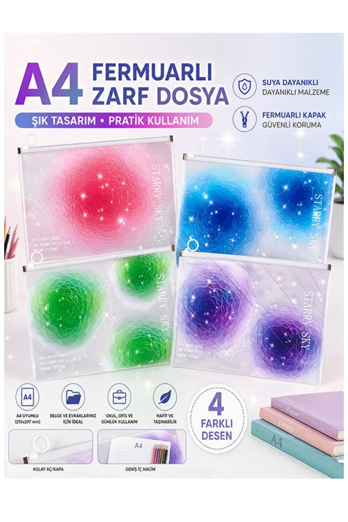 Fermuarlı Dosya Renkli A4 4 Adet Fixpoint 3073 Plastik Desenli Fermuarlı Zarf Dosya Ödev Evrak Belge Saklama