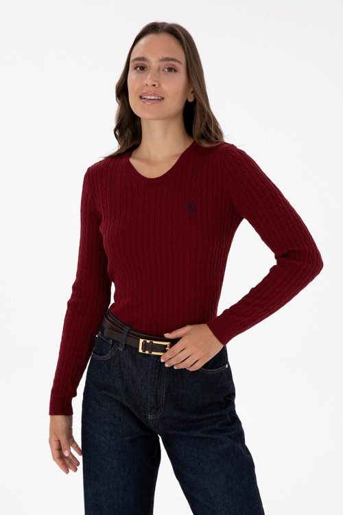 Kadın Bordo Bisiklet Yaka Basic Kazak 50313626-VR014