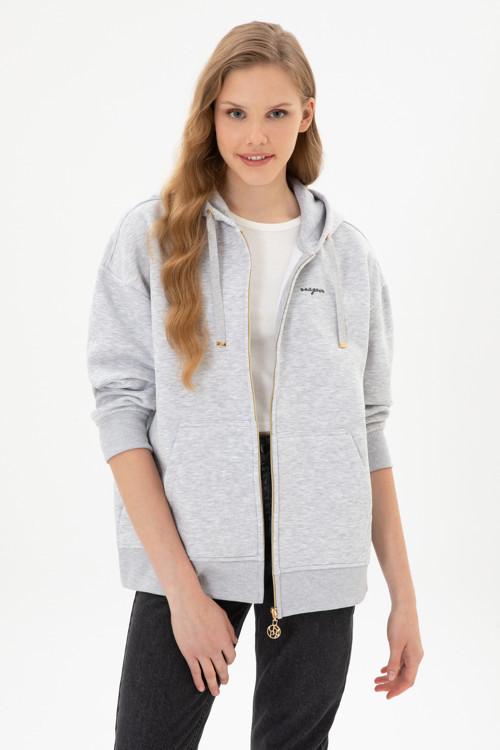 Kadın Açık Gri Şardonlu Kapüşonlu Sweatshırt 50314130-VR001