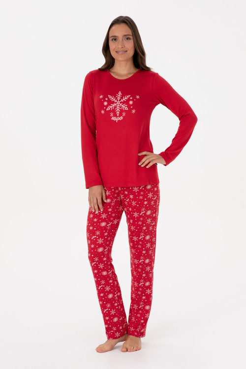 Kadın Kırmızı Yılbaşı Temalı Pijama Takımı 50318862-VR030