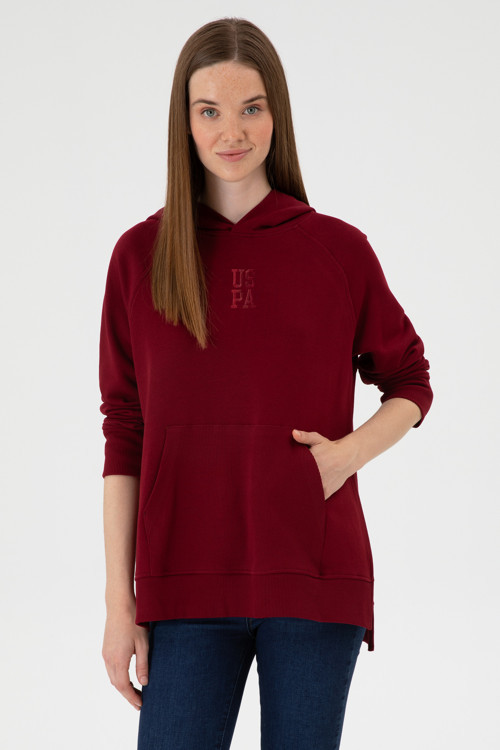 Kadın Bordo Yırtmaçlı Kapüşonlu Sweatshırt 50313611-VR014
