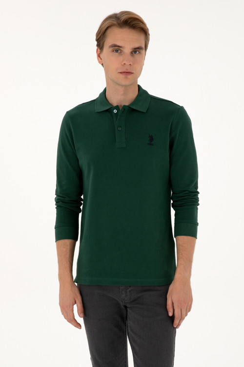 Erkek Regular Fit Polo Yaka Koyu Yeşil Basic Sweatshirt 50307757-VR079