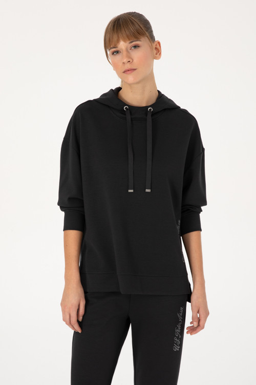 Kadın Siyah Modal Karışımlı Kapüşonlu Sweatshirt 50313561-VR046